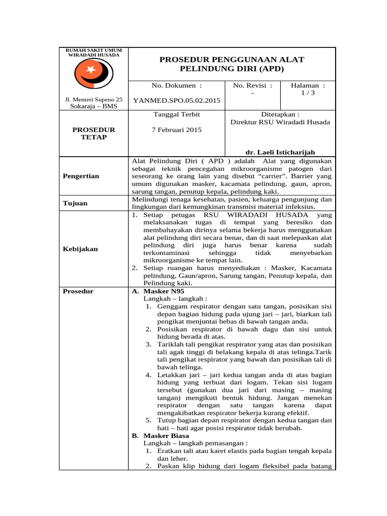 Prosedur Penggunaan APD di RSU Wiradadi | PDF