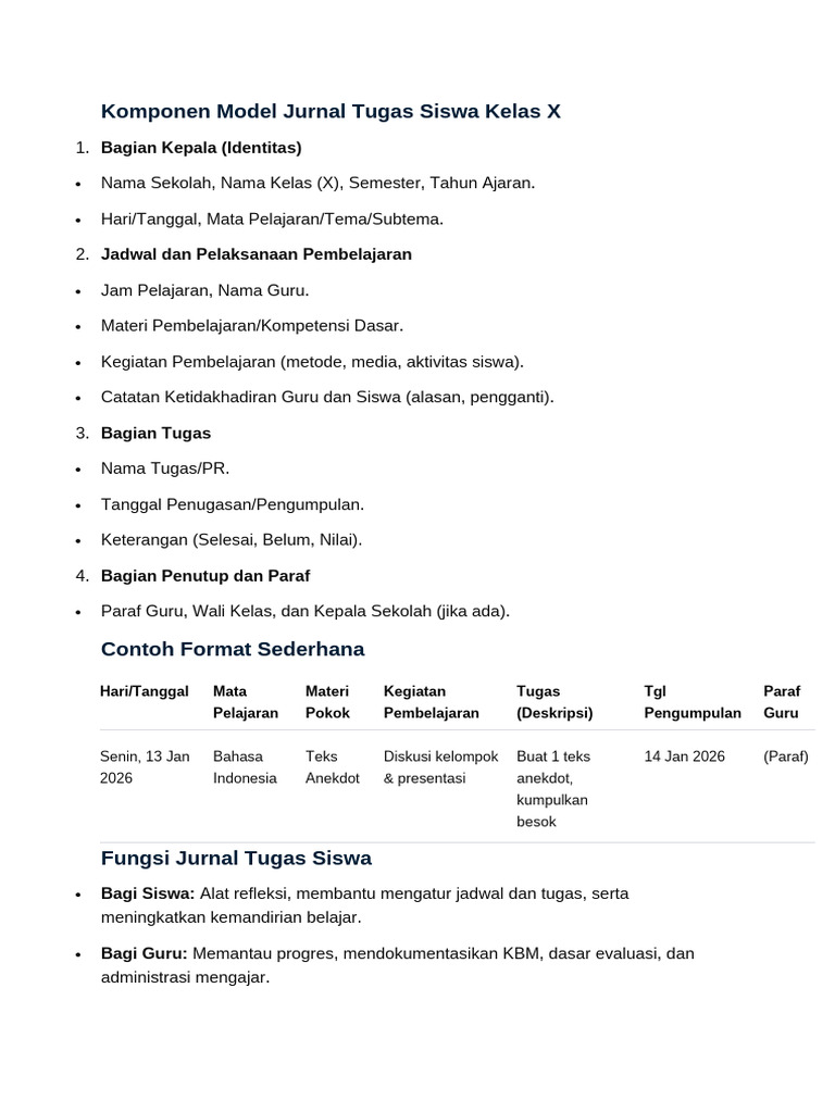 Komponen Jurnal Tugas Siswa Kelas X | PDF
