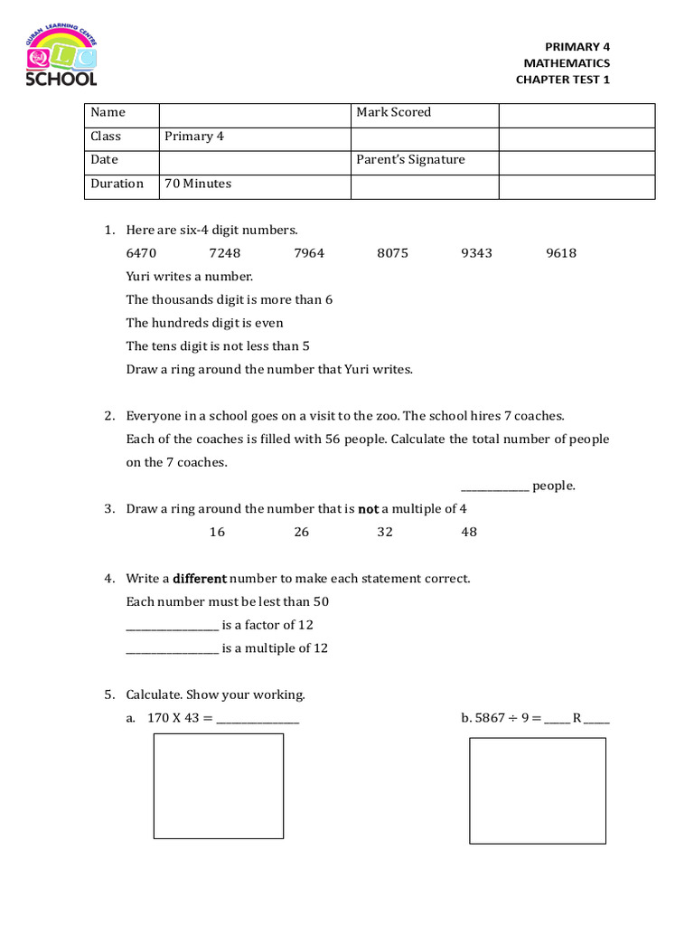 Primary 4 Mathematics Chapter Test | PDF | Chess | Chess Theory