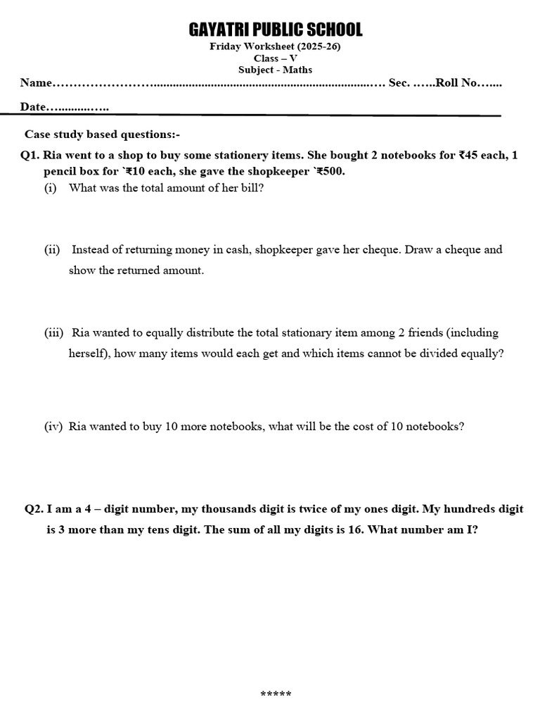 Class V Friday Worksheet 1 | PDF