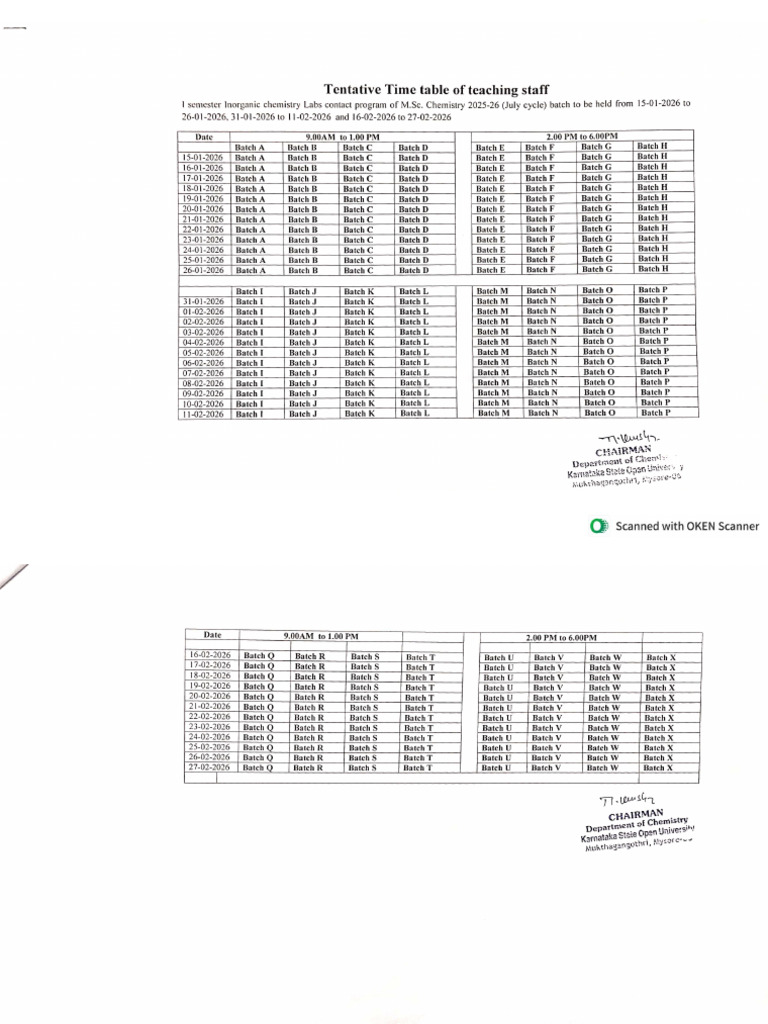 1st Sem Chemistry Lab PCP Time Table | PDF