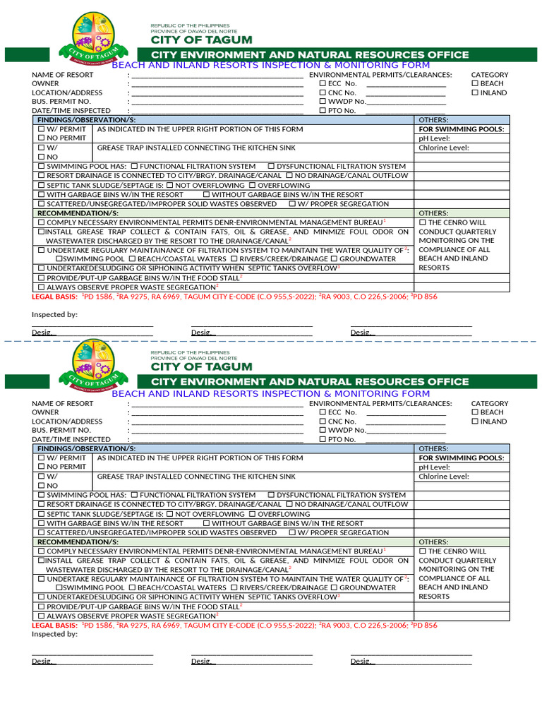 Resort Inspection Monitoring Form | PDF | Septic Tank | Water And The ...