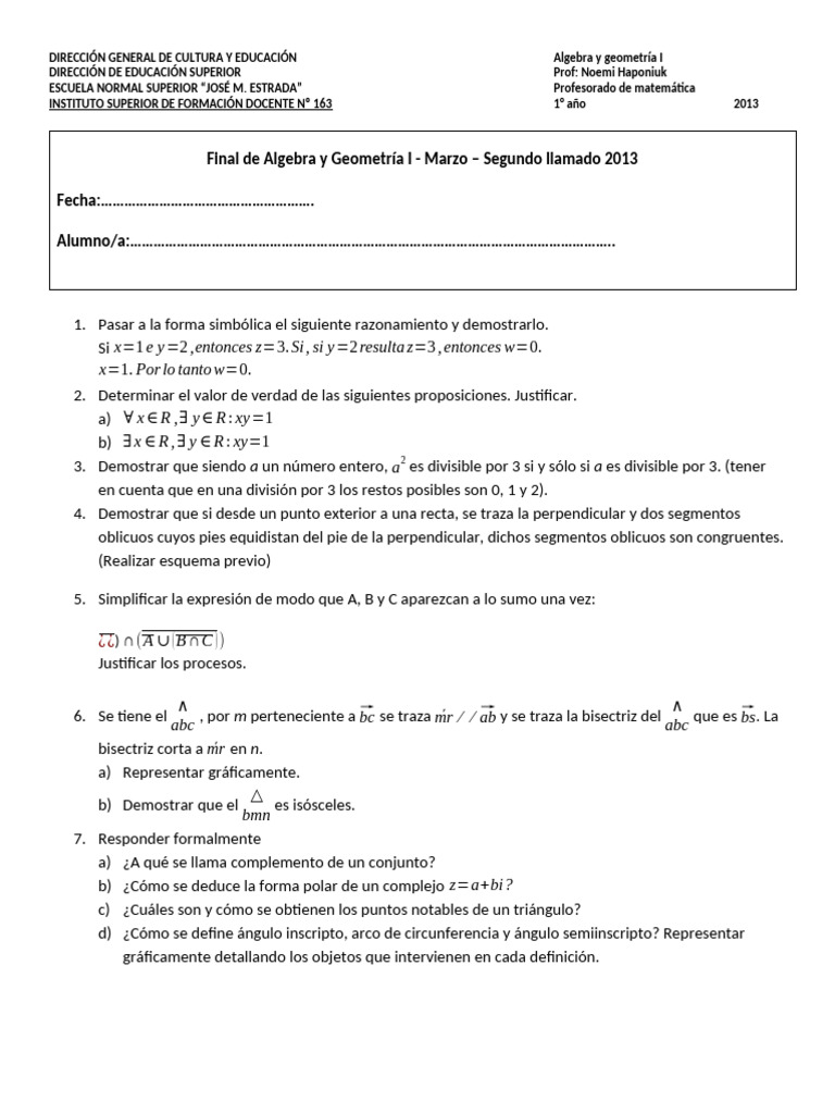 01 Final de Algebra y Geometría I 2013 2d0 Llamado | PDF | Triángulo ...