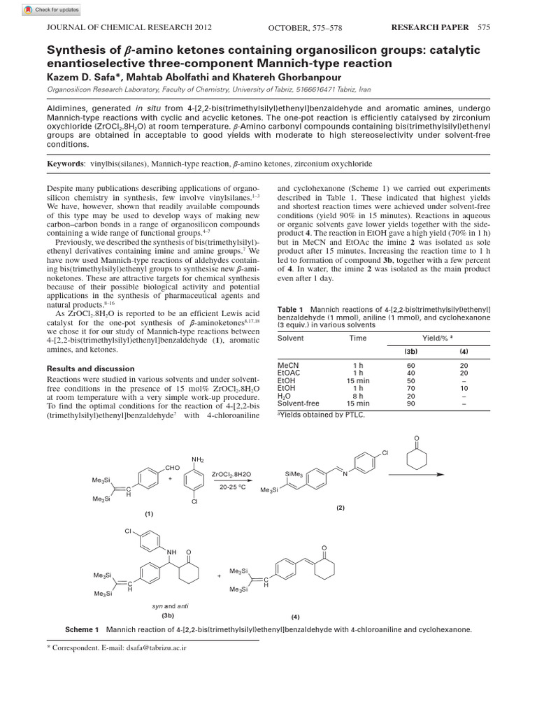 Synthesis of β-Amino Ketones via Mannich Reaction | PDF | Ketone | Amine