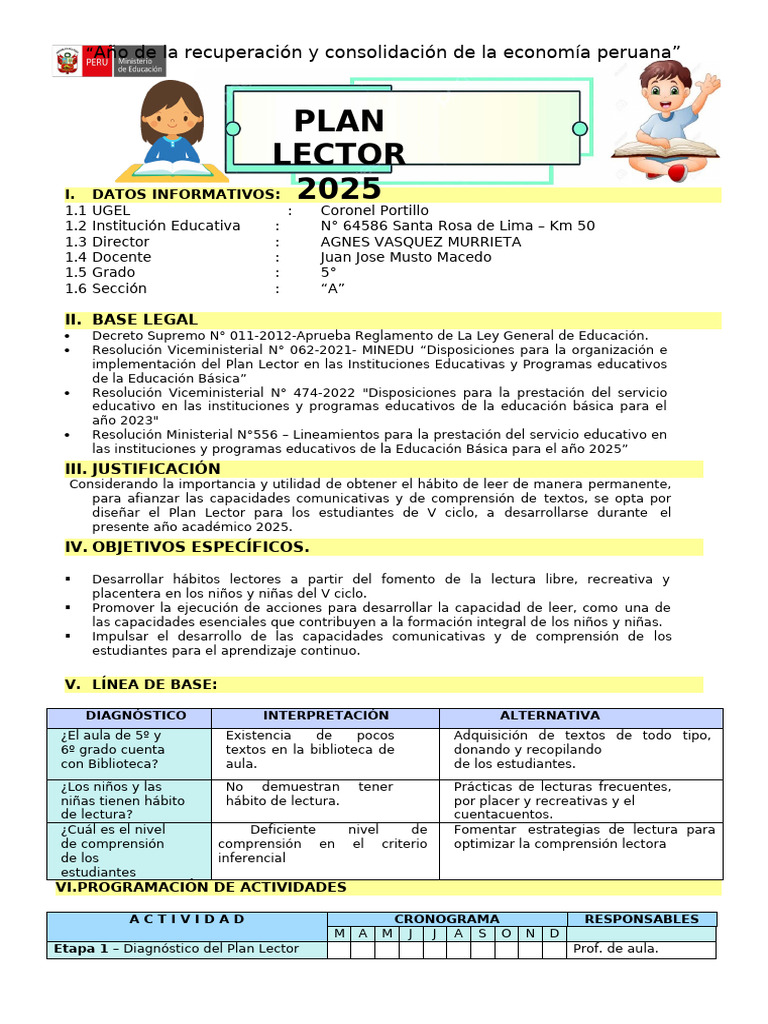 Plan Lector 2025 para Estudiantes de 5° | PDF | Maestros | Educación ...