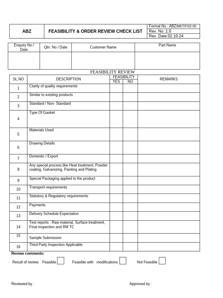 Feasibility & Order Review Checklist | PDF