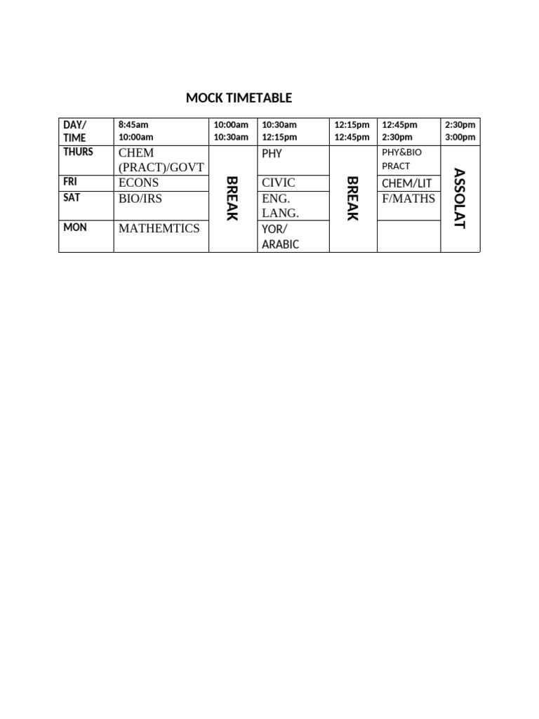 Mock Timetable for Weekly Classes | PDF