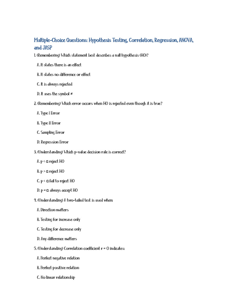 Hypothesis Testing MCQs with Answers | PDF | Type I And Type Ii Errors ...