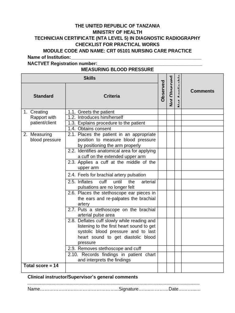 Diagnostic Radiography Practical Checklist | PDF | Blood Pressure | Pulse