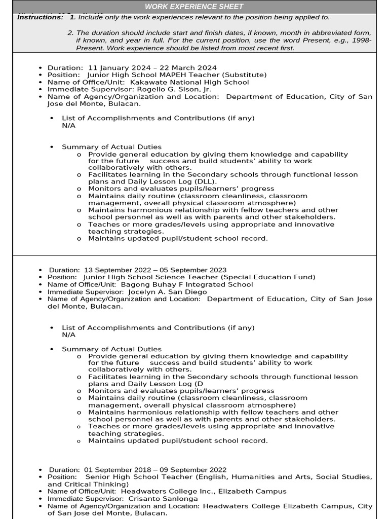 Work Experience Sheet for Teachers | PDF | Teachers | Learning