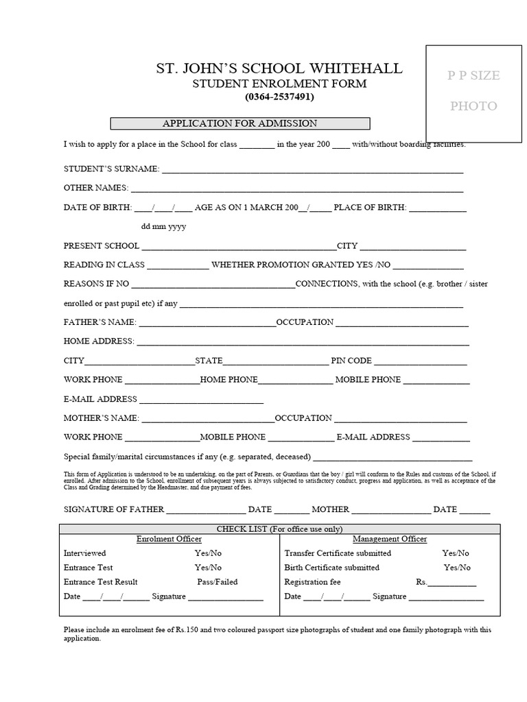 St. John's School Admission Form | PDF | Pediatrics | Medical Specialties