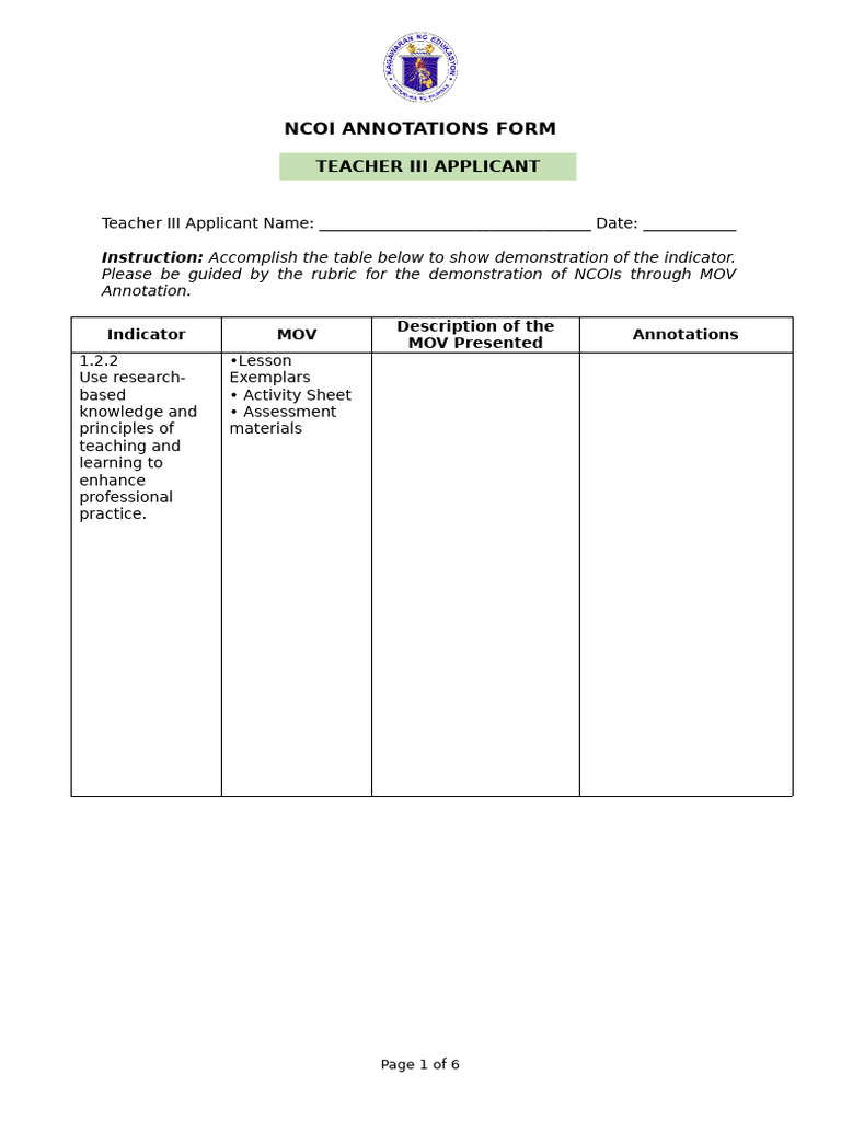 NCOI Annotations Form For Teacher III Applicant | PDF | Learning ...