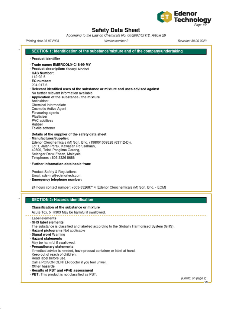 EMERCOL® C18-99 MY Safety Data Sheet | PDF | Occupational Safety And Health
