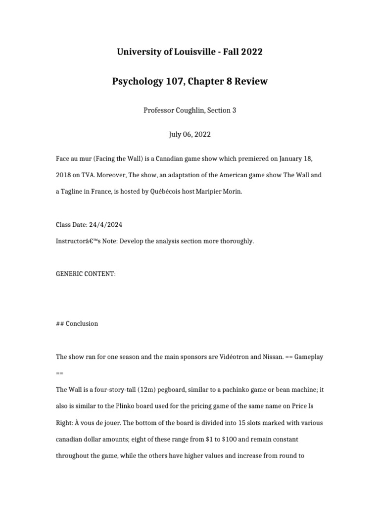 Psychology 107 Chapter 8 Review | PDF | Entertainment | Game Shows