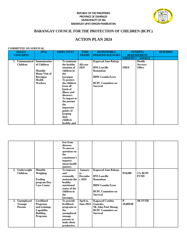 BCPC Action Plan 2024 for Children | PDF