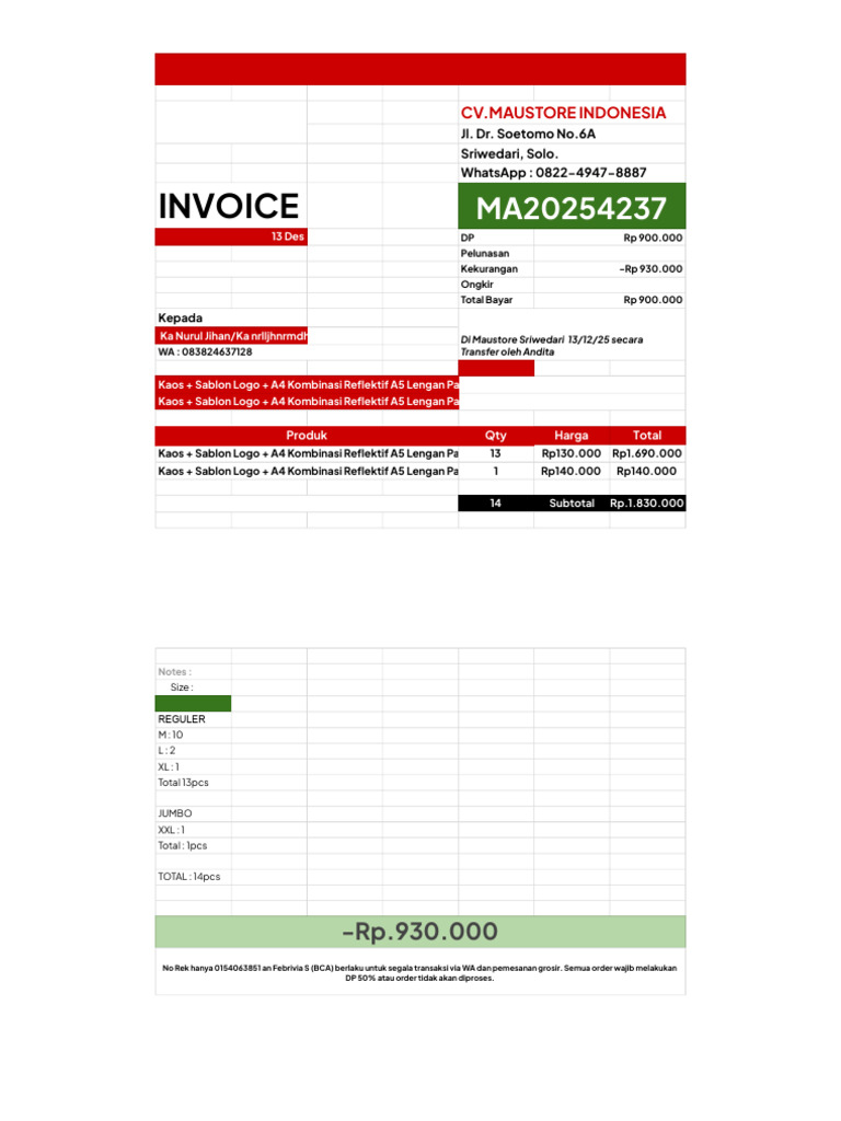 INVOICE - Ka Nurul Jihan - Ka Nrlljhnrmdhni - Sheet1 | PDF