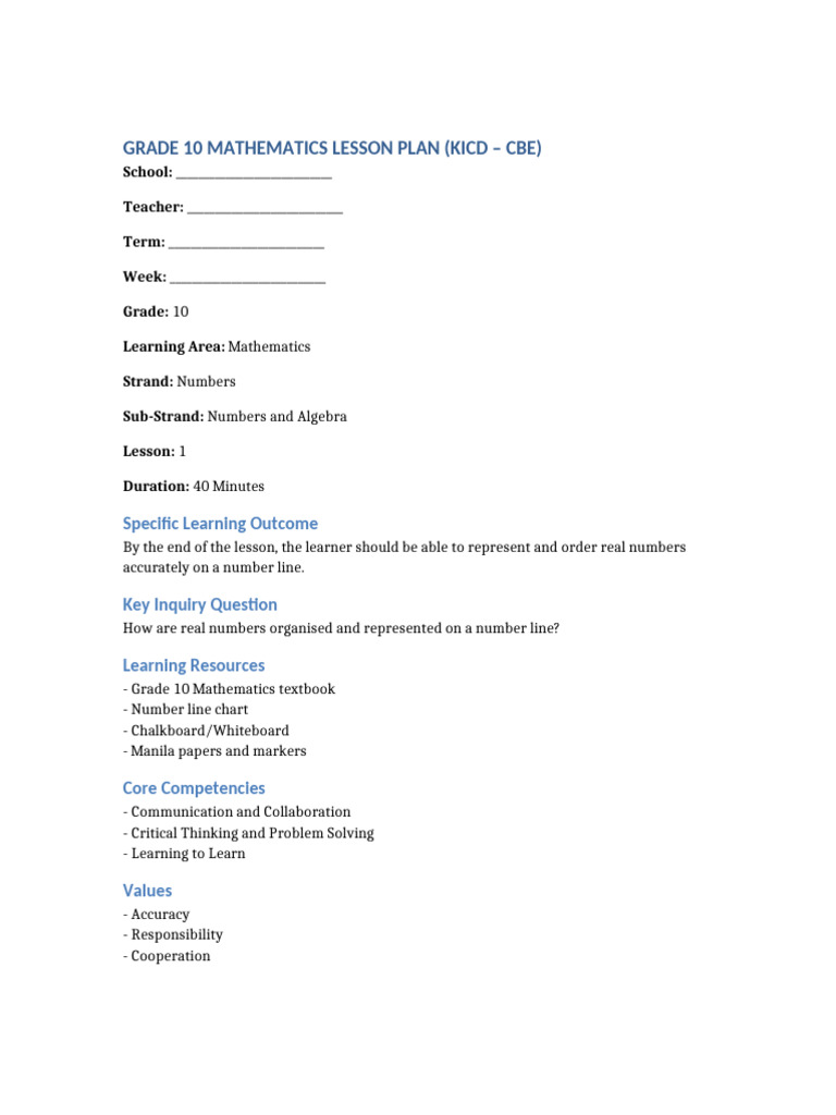 Grade 10 Mathematics Lesson 1 KICD CBE | PDF