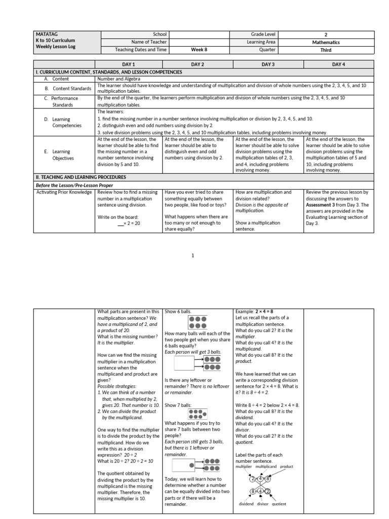 Grade 2 Math Weekly Lesson Plan | PDF | Division (Mathematics ...