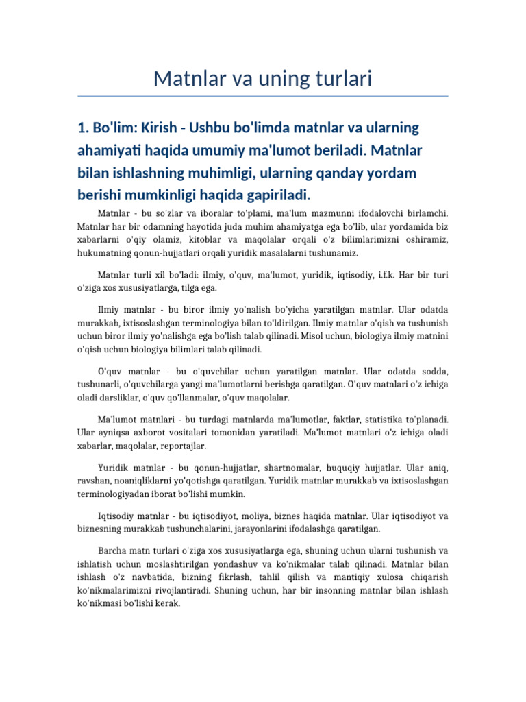 Matnlar Va Uning Turlari - 1768321258090 | PDF
