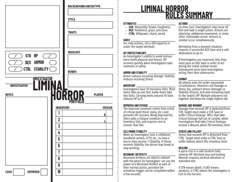 Liminal Horror Character Sheet Print Friendly v1.0 111825 | PDF