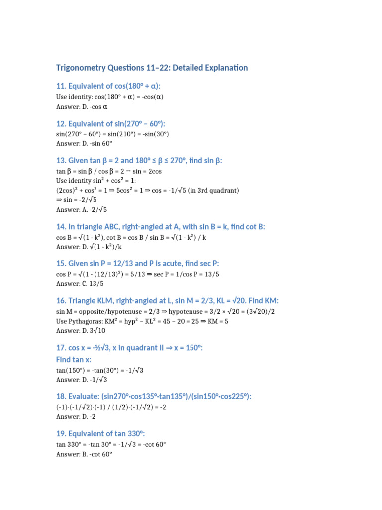 Trigonometry Questions 11-22 Explained | PDF