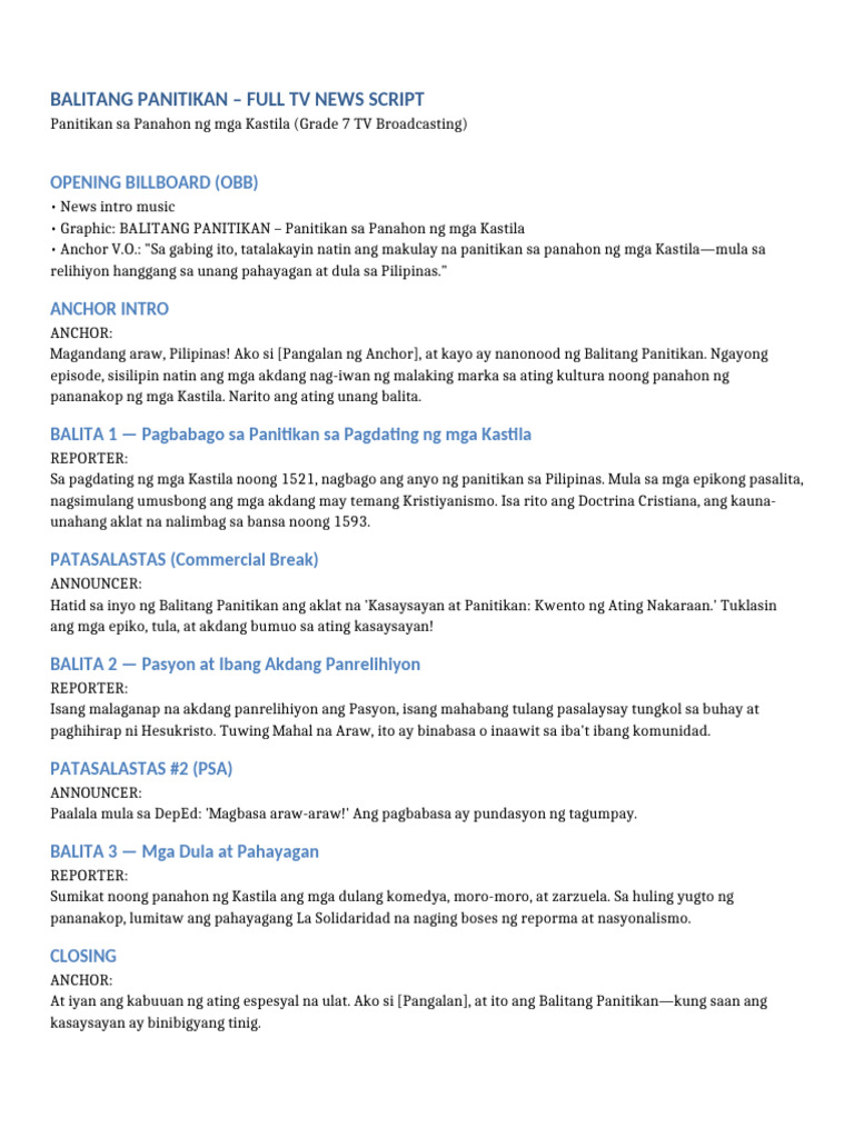 Balitang Panitikan Script | PDF