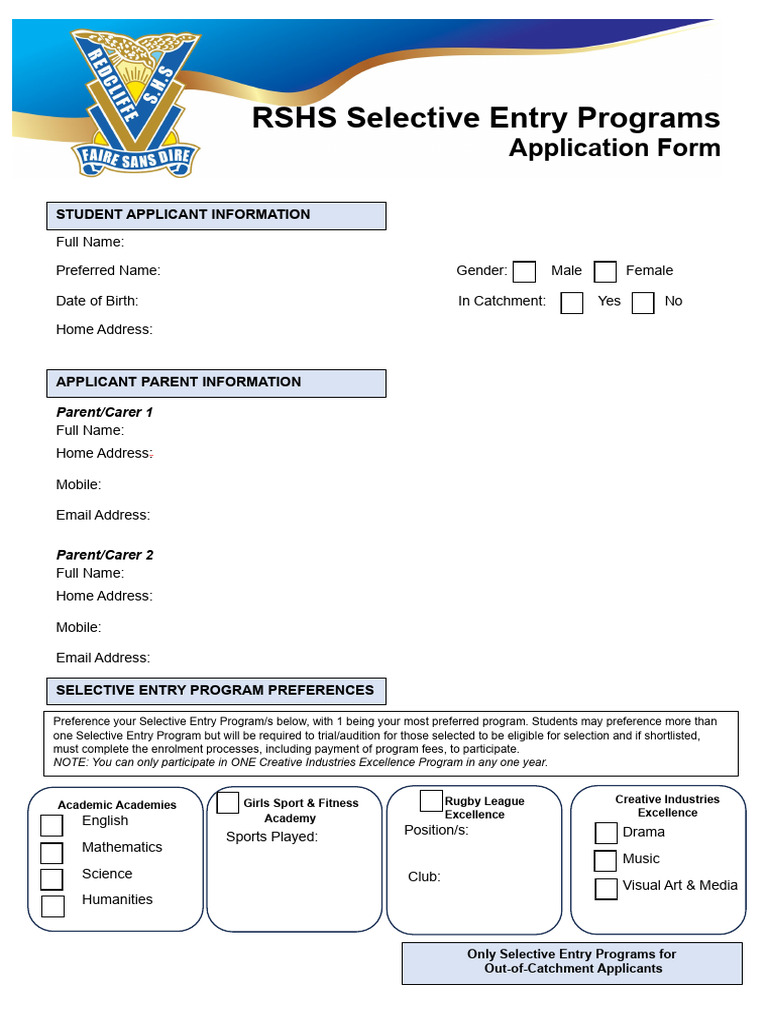 RSHS Selective Entry Application Form | PDF