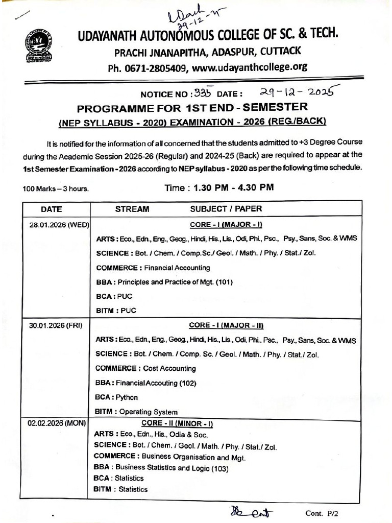 1st Semester Reg & Back Exam Schedule | PDF
