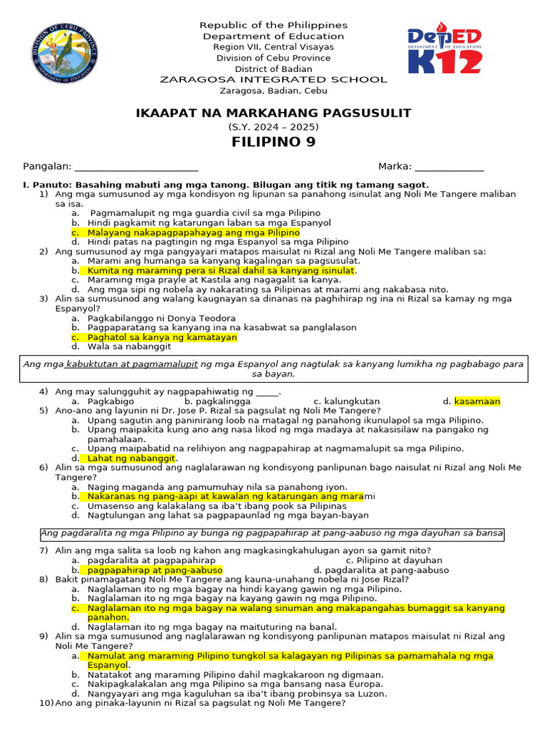Q4 Filipino 9 Answer Key | PDF