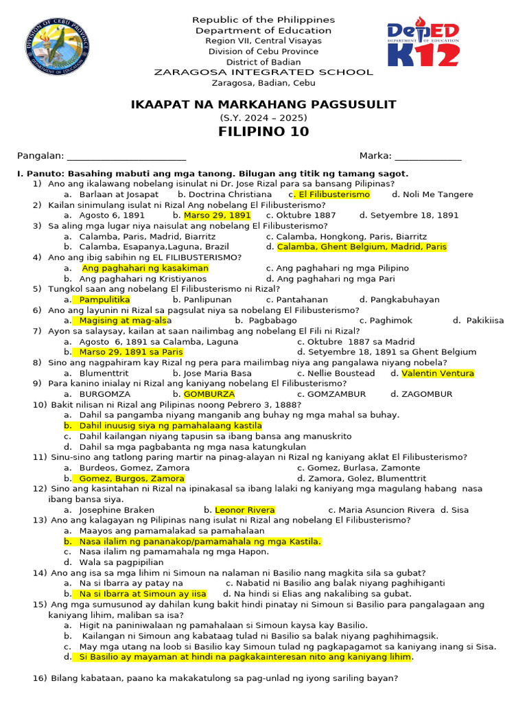 Q4 Filipino 10 Answer Key | PDF