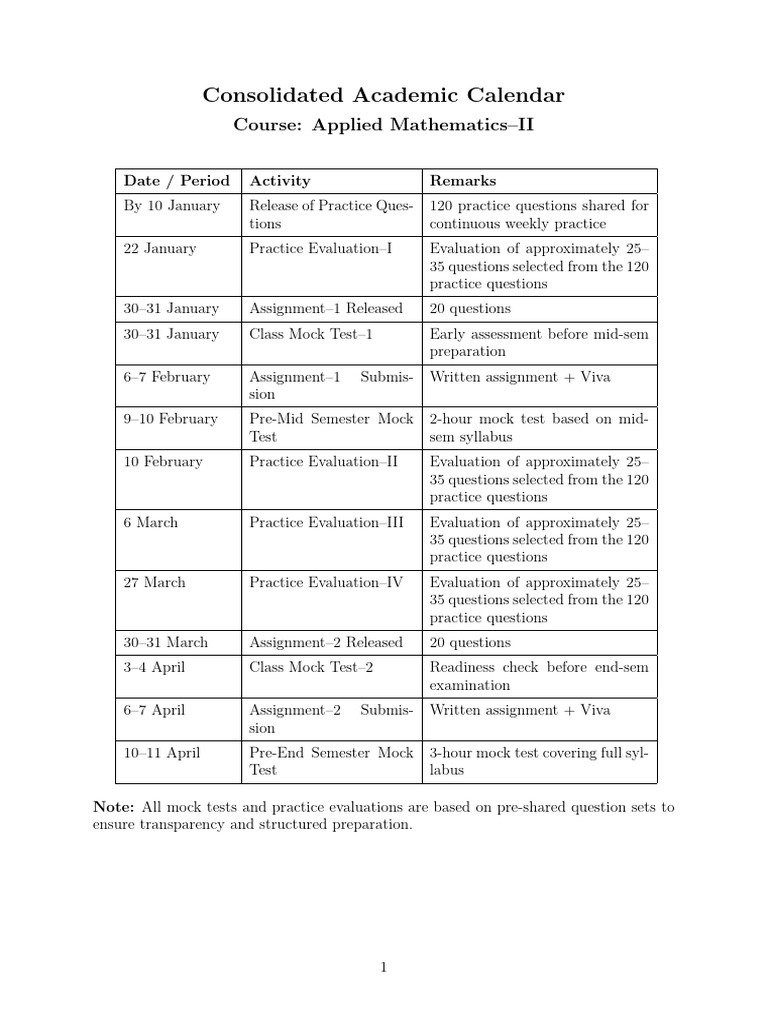 Applied Mathematics II Academic Calendar | PDF