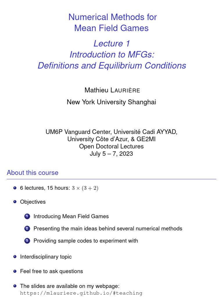 MFGNUM-ODL23Vanguard-Lec1 | PDF | Mathematical Optimization | Game Theory