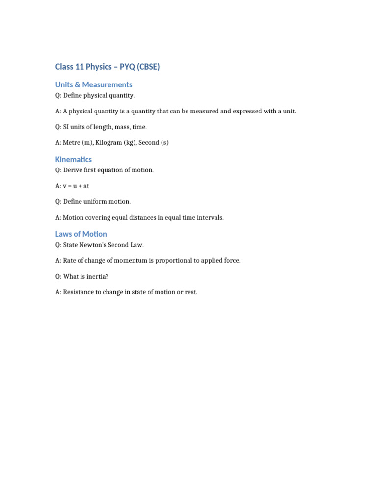 Class 11 Physics PYQ: Units & Motion | PDF