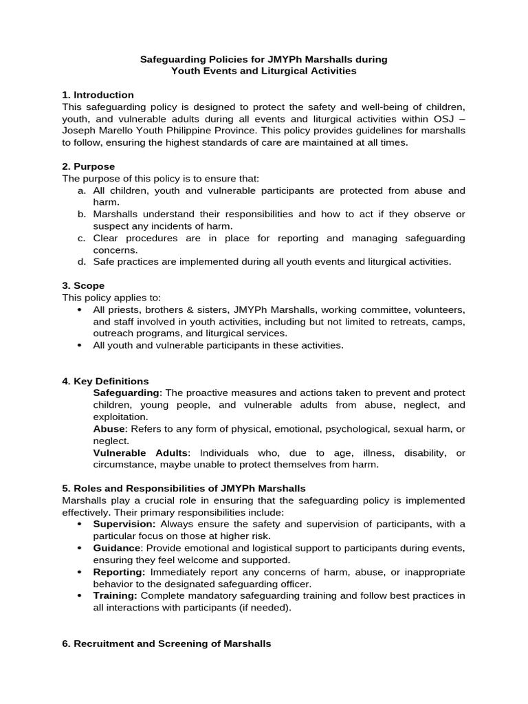 Safeguarding Policies for Marshalls During Youth Events and Liturgical ...