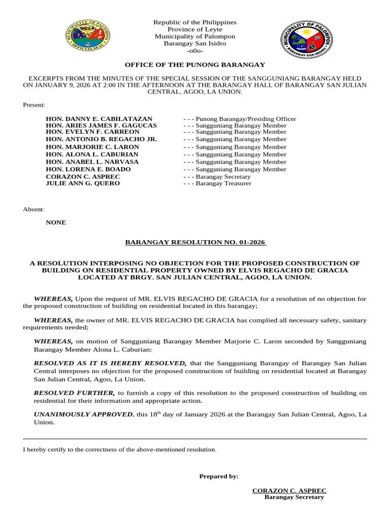 Barangay Resolution on Building Approval | PDF