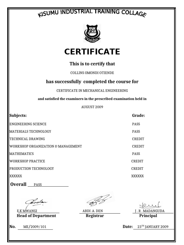 Collins Omondi Otiende Mechanical Engineering Certificate | PDF