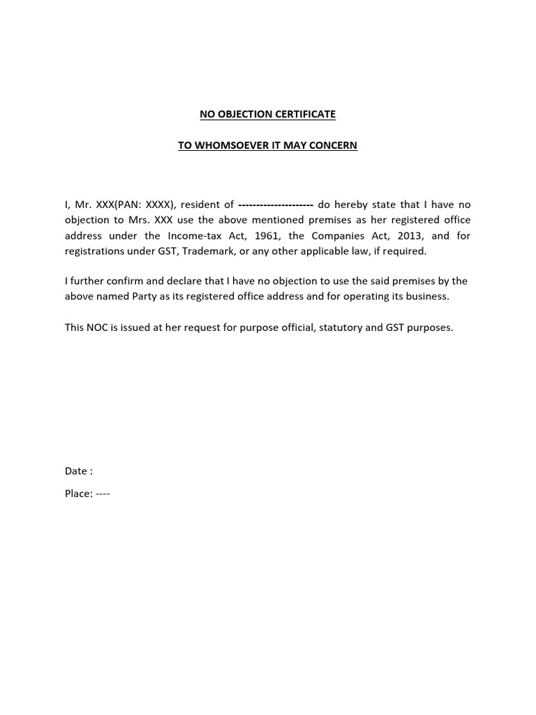 No Objection Certificate for Business Use | PDF