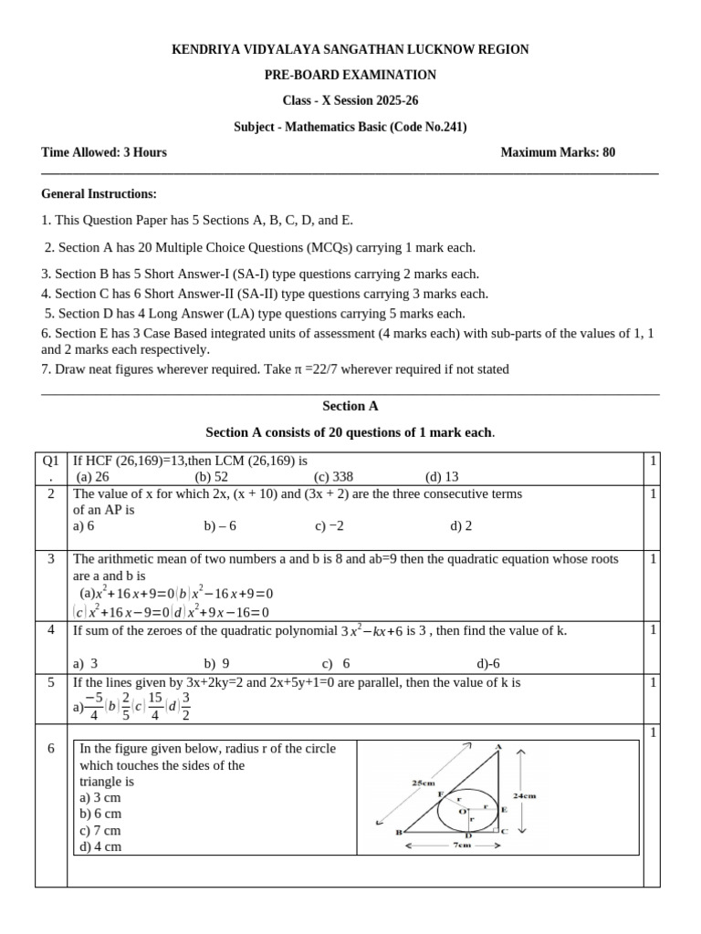 Class X Mathematics Pre-Board Exam 2025-26 | PDF | Circle | Zero Of A ...