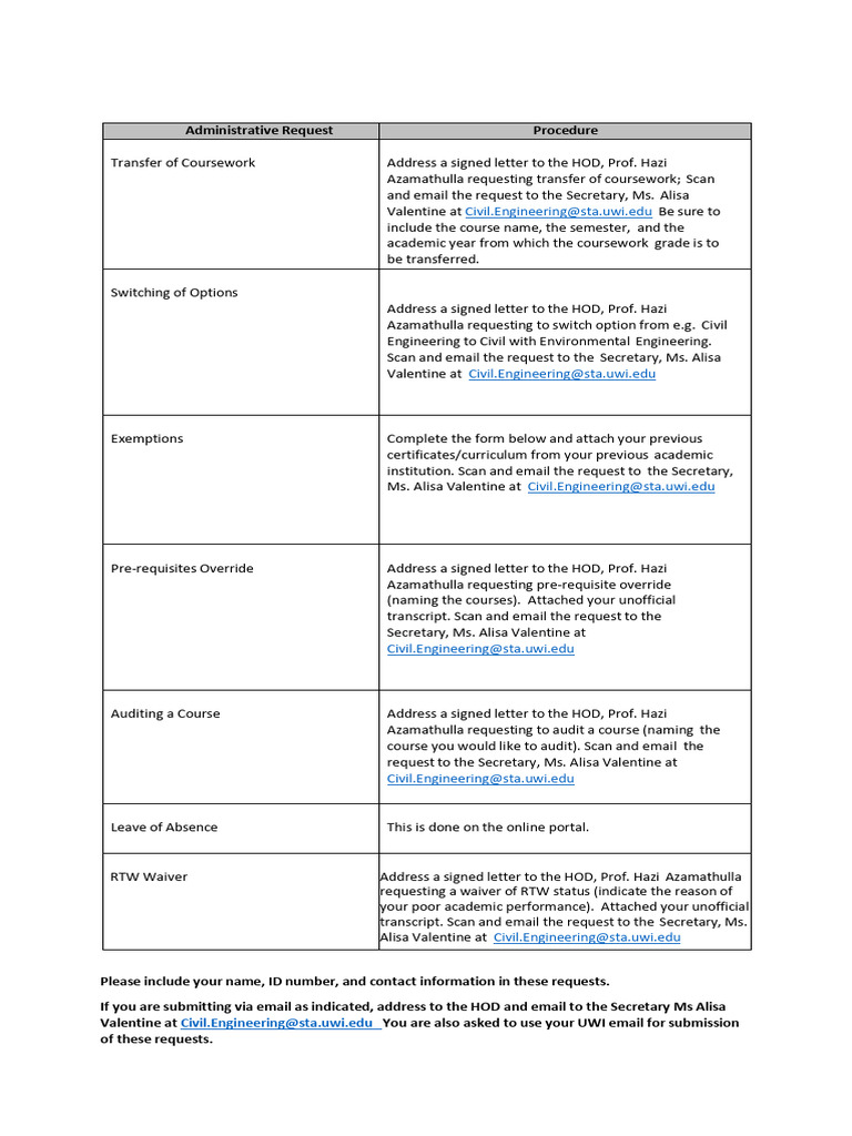 UWI Civil Engineering Administrative Requests | PDF