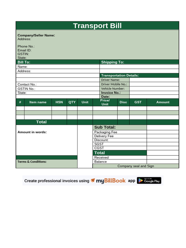 Transport Bill Template for Invoicing | PDF