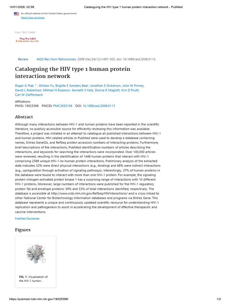 Cataloguing the HIV Type 1 Human Protein Interaction Network - PubMed ...
