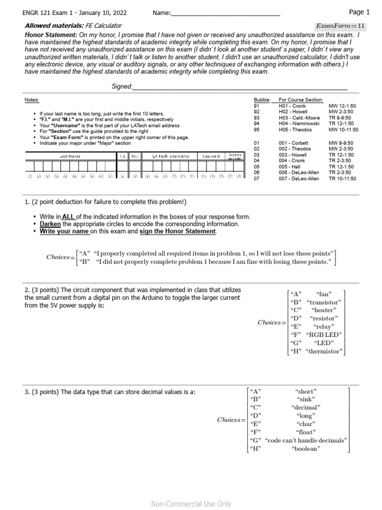 ENGR 121 Exam 1 - January 2022 | PDF | Relay | Switch