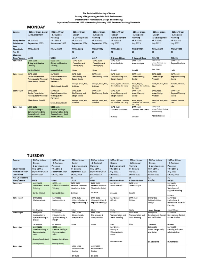Technical University of Kenya Semester Timetable | PDF | Science | Planning