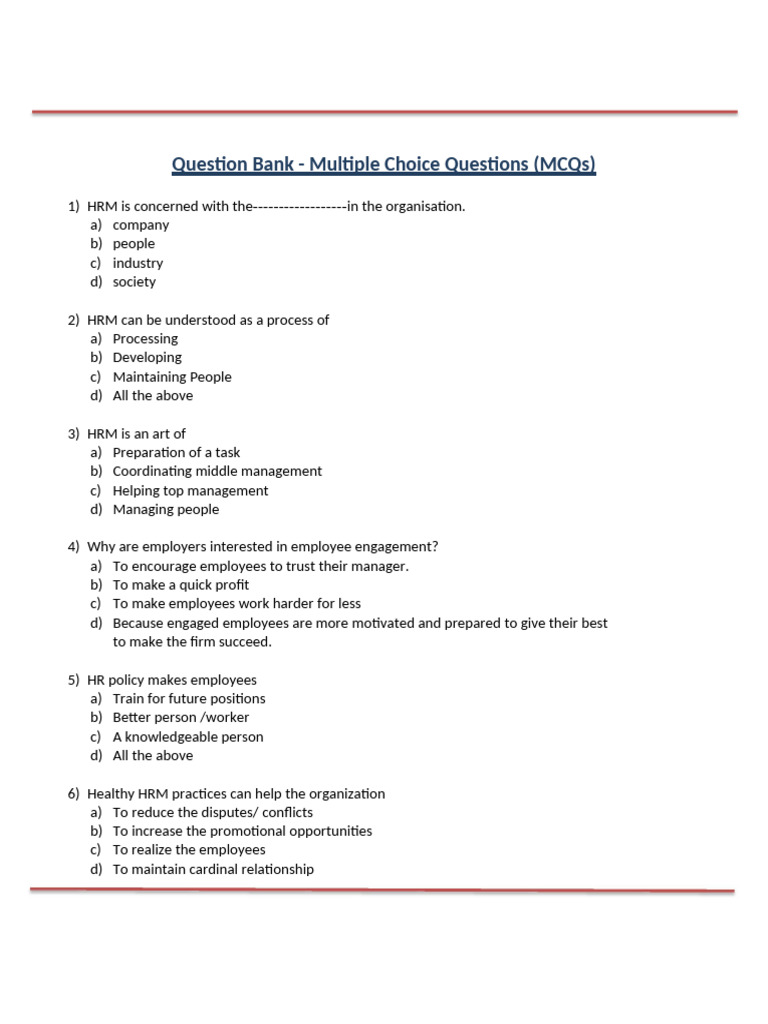 HRM Multiple Choice Questions Guide | PDF | Human Resource Management ...