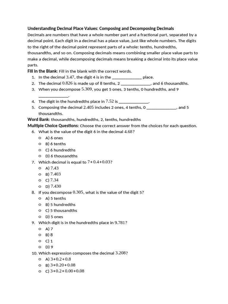 Understanding Decimal Place Values | PDF