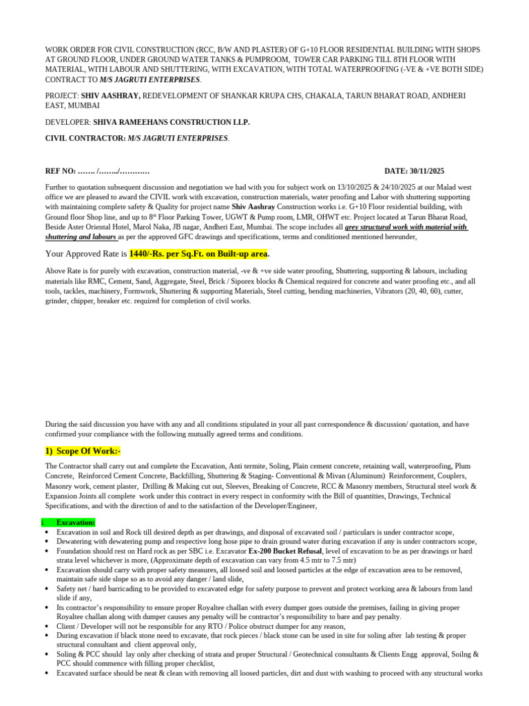 Civil Work Order for G+10 Building Mumbai | PDF | Concrete | Building ...