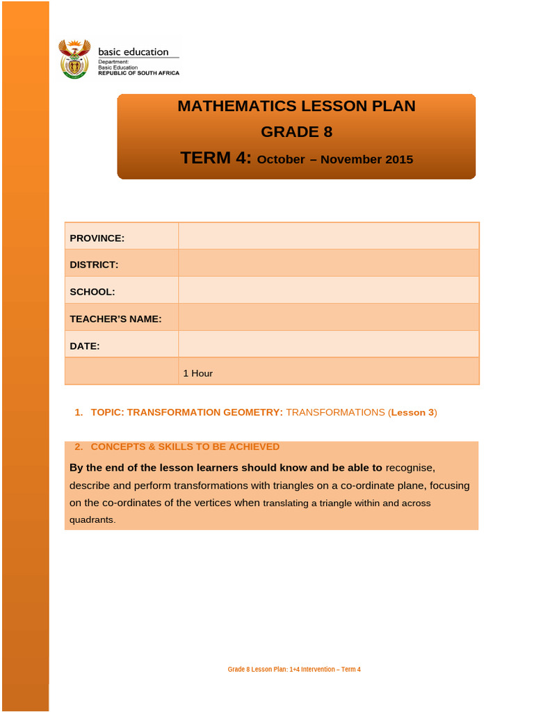 Grade 8 Transformation Geometry Lesson | PDF | Lesson Plan | Shape