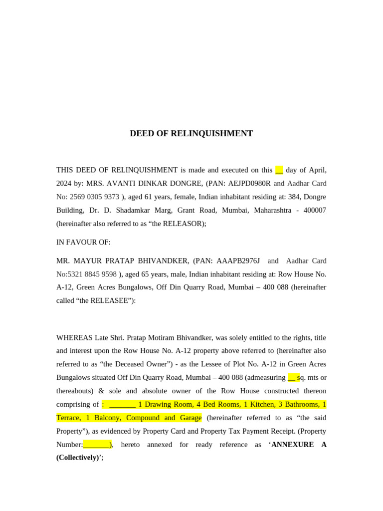 Deed of Relinquishment for Property Transfer | PDF | Natural Resources ...