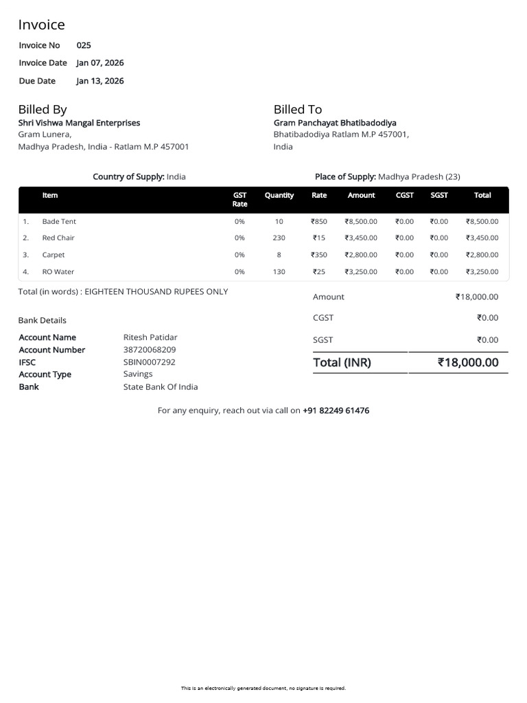 Invoice 025 Shri Vishwa Mangal Enterprises Gram Panchayat Bhatibadodiya ...