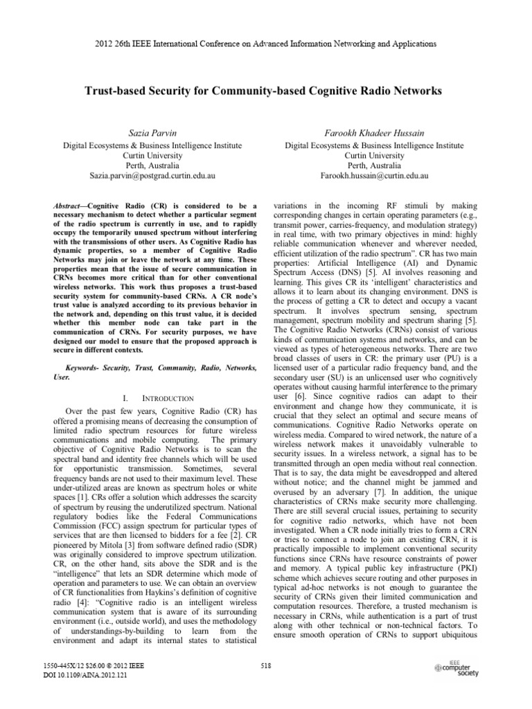 Trust-based Security for Community-based Cognitive Radio Networks | PDF ...